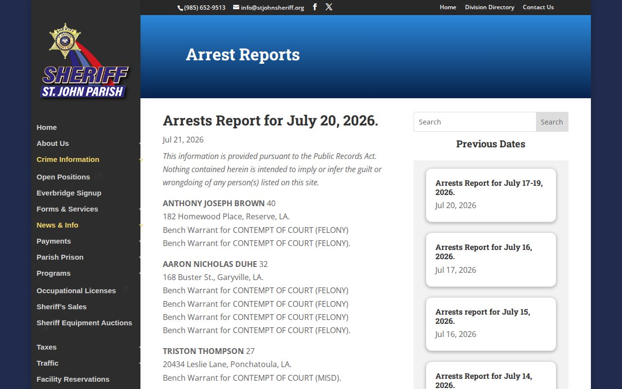 St. John the Baptist Parish arrest photo archive distinct from release mugshots